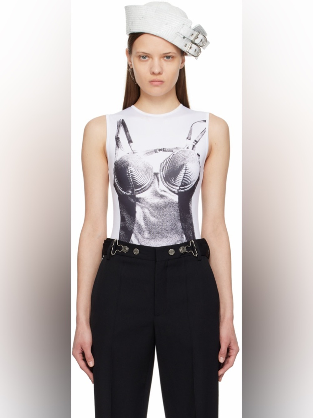 Jean Paul Gaultier White Bodysuit with Black Graphic Print - Picture 2 of 10